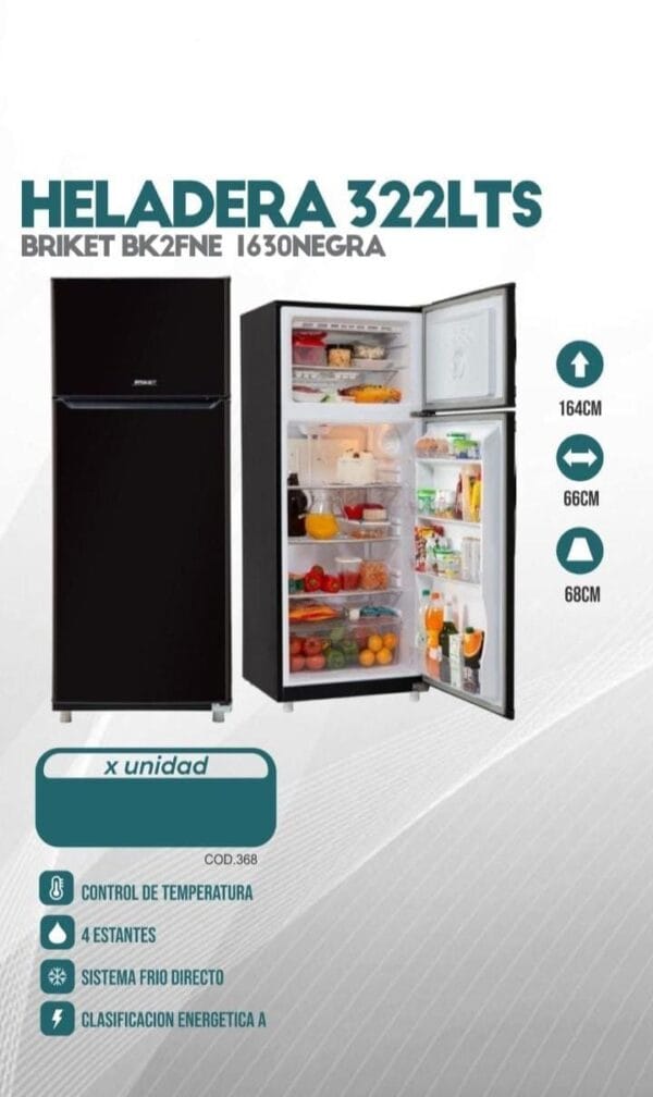 Heladera Briket 1630 Negra 322 Lt